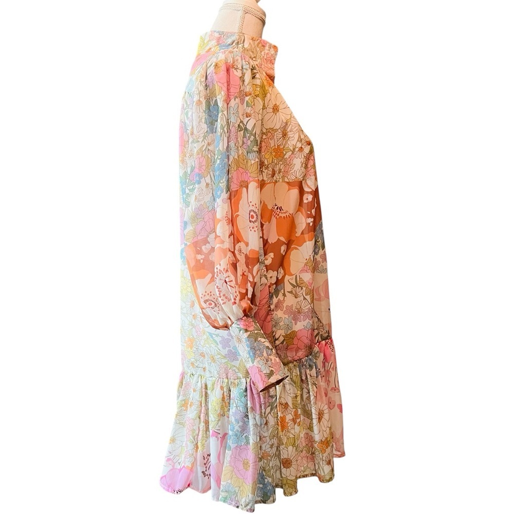 Pink Ripple Chic Long Sleeve Sheer Floral Dress in Pink and Cream Size Small - Picture 12 of 12